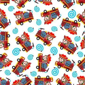 Vector of seamless pattern fire fighter car with animal fire fighter Stock Illustration
