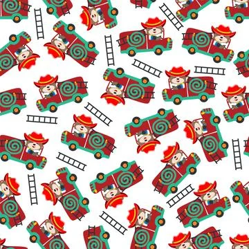 Vector of seamless pattern fire fighter car with animal fire fighter Stock Illustration
