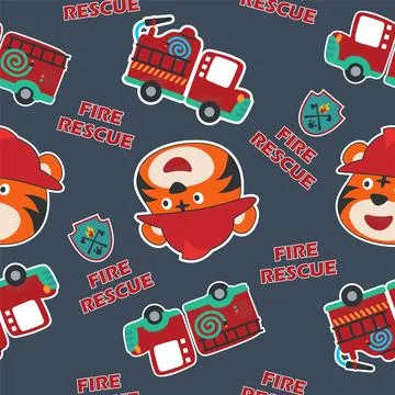 Vector seamless pattern with Fire rescue team with funny firefighter cartoon 스톡 일러스트