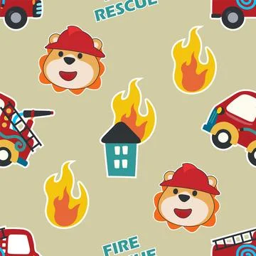 Vector seamless pattern with Fire rescue team with funny firefighter cartoon Stock Illustration