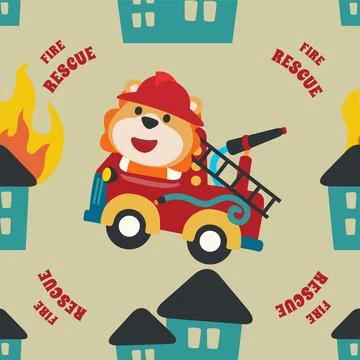 Vector seamless pattern with Fire rescue team with funny firefighter Illustrazione stock