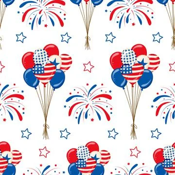 Vector Seamless pattern of fireworks and balloons 4th of july Stock Illustration