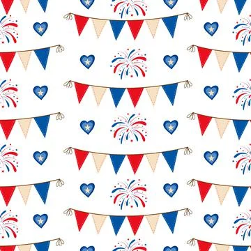 Vector Seamless pattern of fireworks, flags and balloons in Red White And Blue Stock Illustration