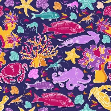 Vector seamless pattern of fish, crab, squid, octopus. 스톡 일러스트