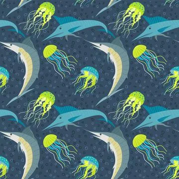 Vector seamless pattern with fishes and jellyfish. Cartoon painted jellyfish and イラスト素材