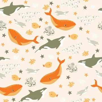 Vector seamless pattern with fish,penguin,whale,killer whale, octopus.Underwater Illustrazione stock