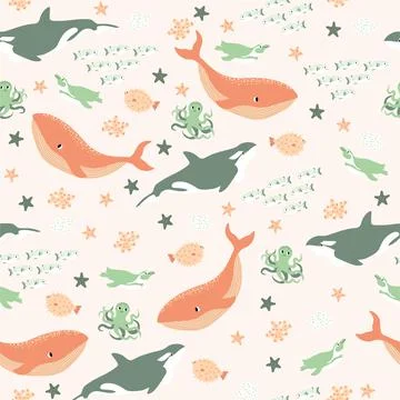 Vector seamless pattern with fish,penguin,whale,killer whale, octopus.Underwater Stock Illustration