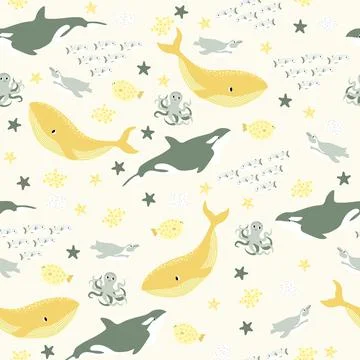 Vector seamless pattern with fish,penguin,whale,killer whale, octopus.Underwater Stock Illustration