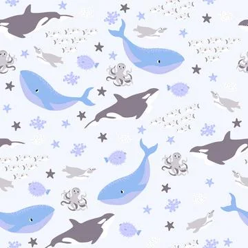 Vector seamless pattern with fish,penguin,whale,killer whale, octopus.Underwater Illustrazione stock