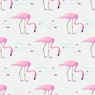 Vector seamless pattern with flamingo birds on a lake,surrounded by fish Stock Illustration