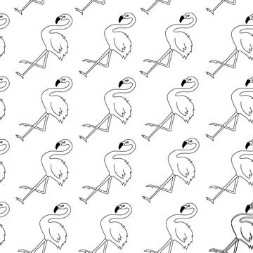 Vector Seamless pattern with flamingo in outline style. Black monochrome line Illustrazione stock
