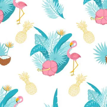 Vector seamless pattern with flamingos, tropical leaves, coconut and pineapple Illustrazione stock