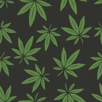 Vector Seamless Pattern with Flat Cannabis Leaves. Green Hemp Leaf on Black Illustrazione stock