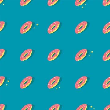 Vector seamless pattern with flat doughnuts on the blue background. Stock Illustration