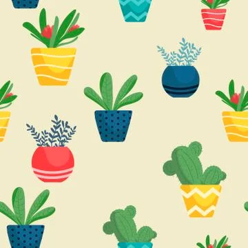 Vector seamless pattern with flat flowers in pots, cactus . Cute cactus, flow Stock Illustration
