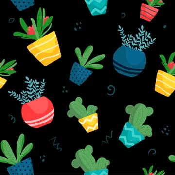 Vector seamless pattern with flat flowers in pots, cactus on black background Stock Illustration
