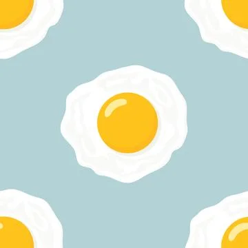 Vector Seamless Pattern with Flat Fried Egg, Omelet on a Blue Background Stock Illustration