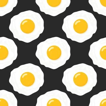 Vector Seamless Pattern with Flat Fried Egg, Omelet on a Black Background Stock Illustration
