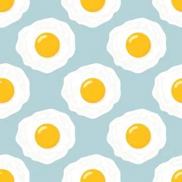 Vector Seamless Pattern with Flat Fried Egg, Omelet on a Blue Background 스톡 일러스트