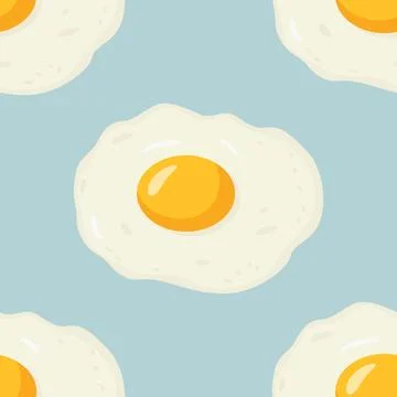 Vector Seamless Pattern with Flat Fried Egg, Omelet on a Blue Background イラスト素材