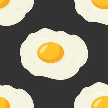 Vector Seamless Pattern with Flat Fried Egg, Omelet on a Black Background 스톡 일러스트
