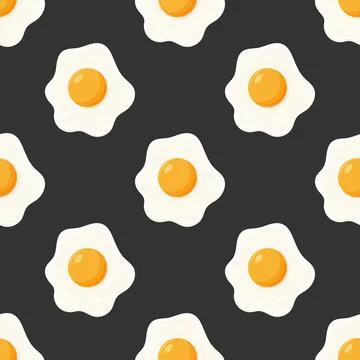 Vector Seamless Pattern with Flat Fried Egg, Omelet on a Black Background 스톡 일러스트