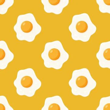Vector Seamless Pattern with Flat Fried Egg, Omelet on a Yellow Background 스톡 일러스트