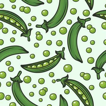 Vector Seamless Pattern with Flat Green Pea Pod. Cartoon Green Peas Design Illustrazione stock