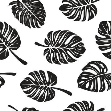 Vector Seamless Pattern with Flat Monstera Leaf Silhouette, Foliage and Illustrazione stock