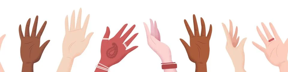 Vector seamless pattern in flat style with different races men and women hand Stock Illustration