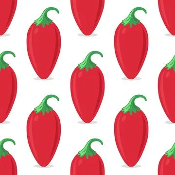 Vector Seamless Pattern with Flat Whole Fresh Hot Chili Pepper on a White Stock Illustration
