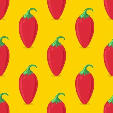 Vector Seamless Pattern with Flat Whole Fresh Hot Chili Pepper on a Yellow Stock Illustration