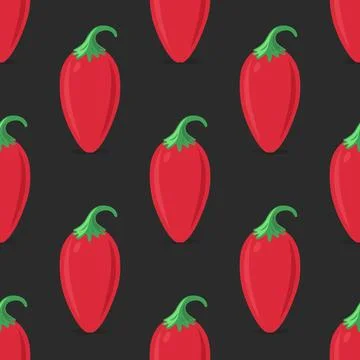 Vector Seamless Pattern with Flat Whole Fresh Hot Chili Pepper on a Black 스톡 일러스트