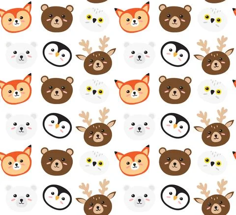 Vector seamless pattern of flat wild animal face Stock Illustration