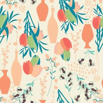 Vector seamless pattern with floral elements, spring flowers, tulips, lilies Stock Illustration