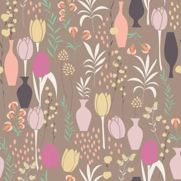 Vector seamless pattern with floral elements, spring flowers, tulips, lilies Illustrazione stock