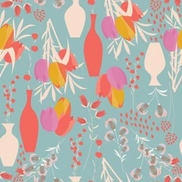 Vector seamless pattern with floral elements, spring flowers, tulips, lilies Stock Illustration