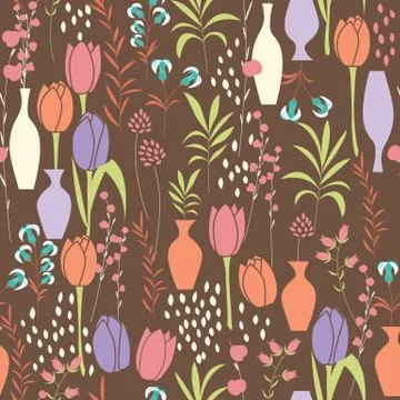 Vector seamless pattern with floral elements, spring flowers, tulips, lilies Illustrazione stock