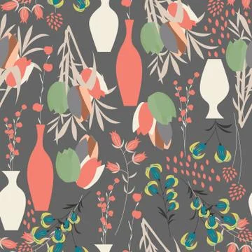 Vector seamless pattern with floral elements, spring flowers, tulips, lilies 스톡 일러스트