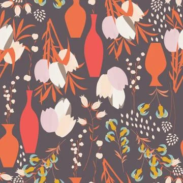 Vector seamless pattern with floral elements, spring flowers, tulips, lilies Stock Illustration