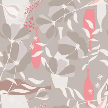 Vector seamless pattern with floral elements, spring flowers, poppies and vas Stock Illustration