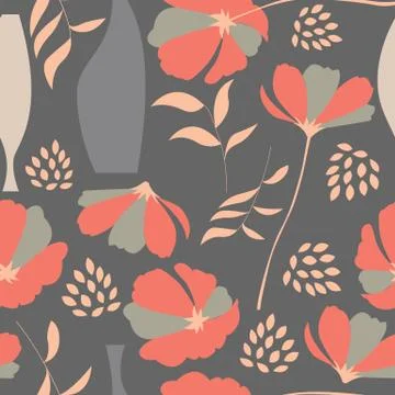 Vector seamless pattern with floral elements, spring flowers, poppies and vas Illustrazione stock