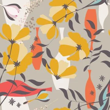 Vector seamless pattern with floral elements, spring flowers, poppies and vas 스톡 일러스트