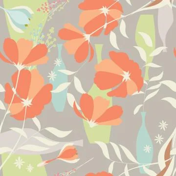 Vector seamless pattern with floral elements, spring flowers, poppies and vas Illustrazione stock
