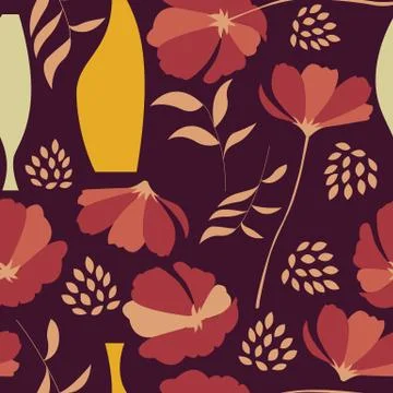 Vector seamless pattern with floral elements, spring flowers, poppies and vas Stock Illustration
