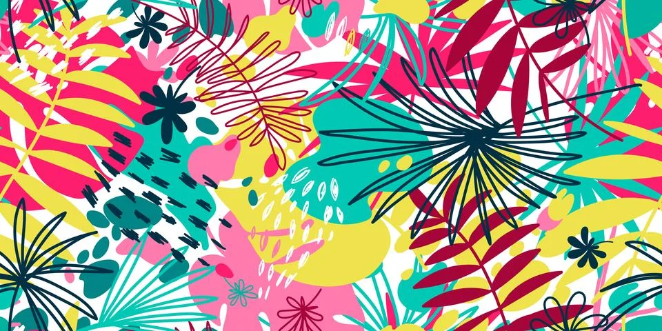Vector seamless pattern with floral hand drawn elements. Bright color tropica Stock Illustration