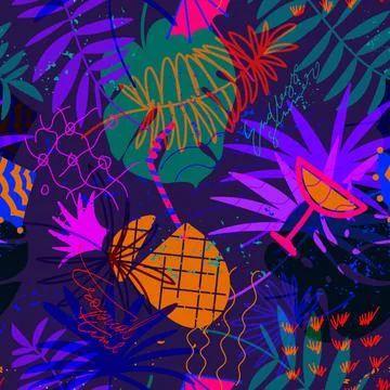 Vector seamless pattern with floral hand drawn elements. Bright color tropica Stock Illustration
