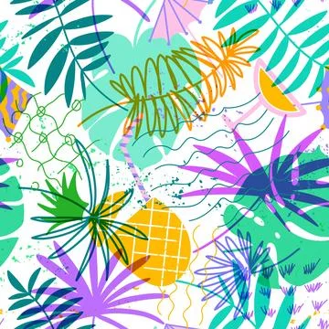 Vector seamless pattern with floral hand drawn elements. Bright color tropi.. Stock Illustration