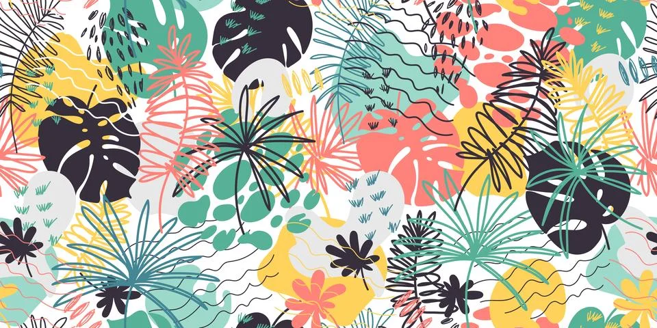 Vector seamless pattern with floral hand drawn elements. Bright color tropica Stock Illustration