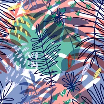 Vector seamless pattern with floral hand drawn elements. Bright color tropi.. Stock Illustration